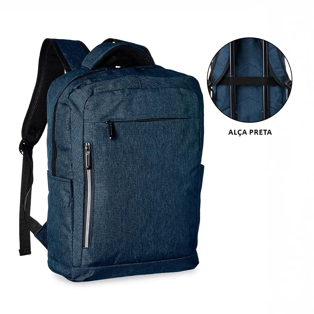 Mochila personalizada de nylon com USB e plaquinha metálica, 20 litros, cor azul com preto