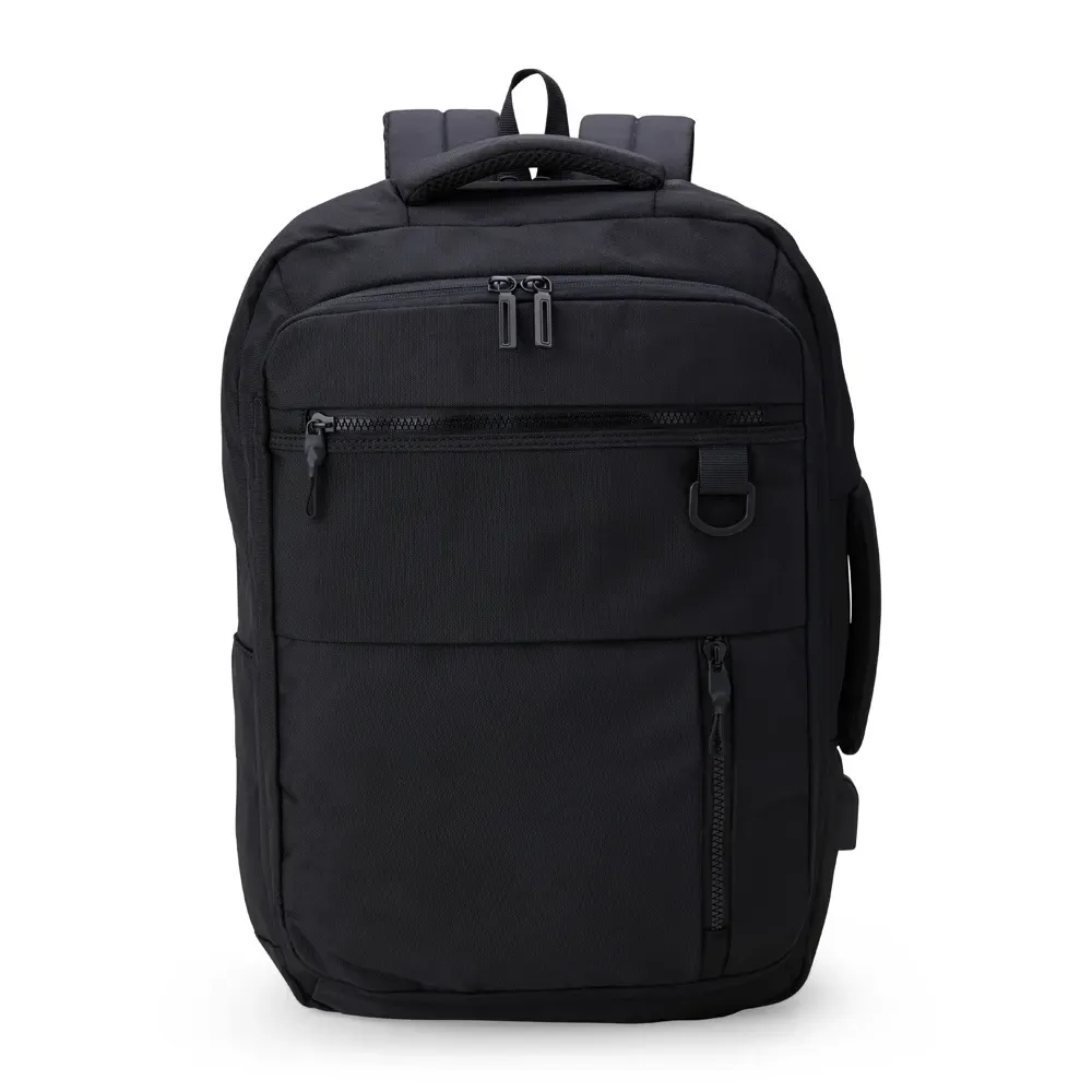 Mochila personalizada de nylon com USB e porta-cartão, 20 litros, cor preta