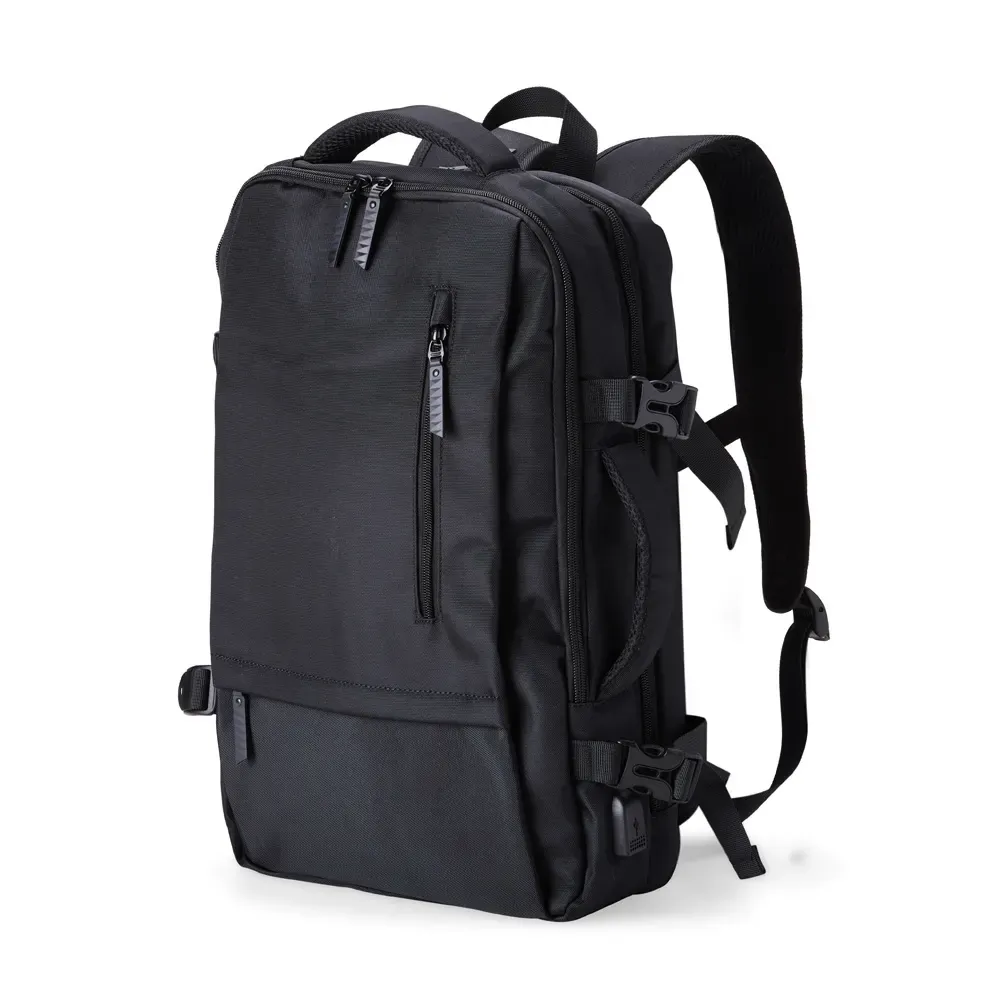 Mochila personalizada de nylon com USB e faixas refletivas, 20 litros, cor preta