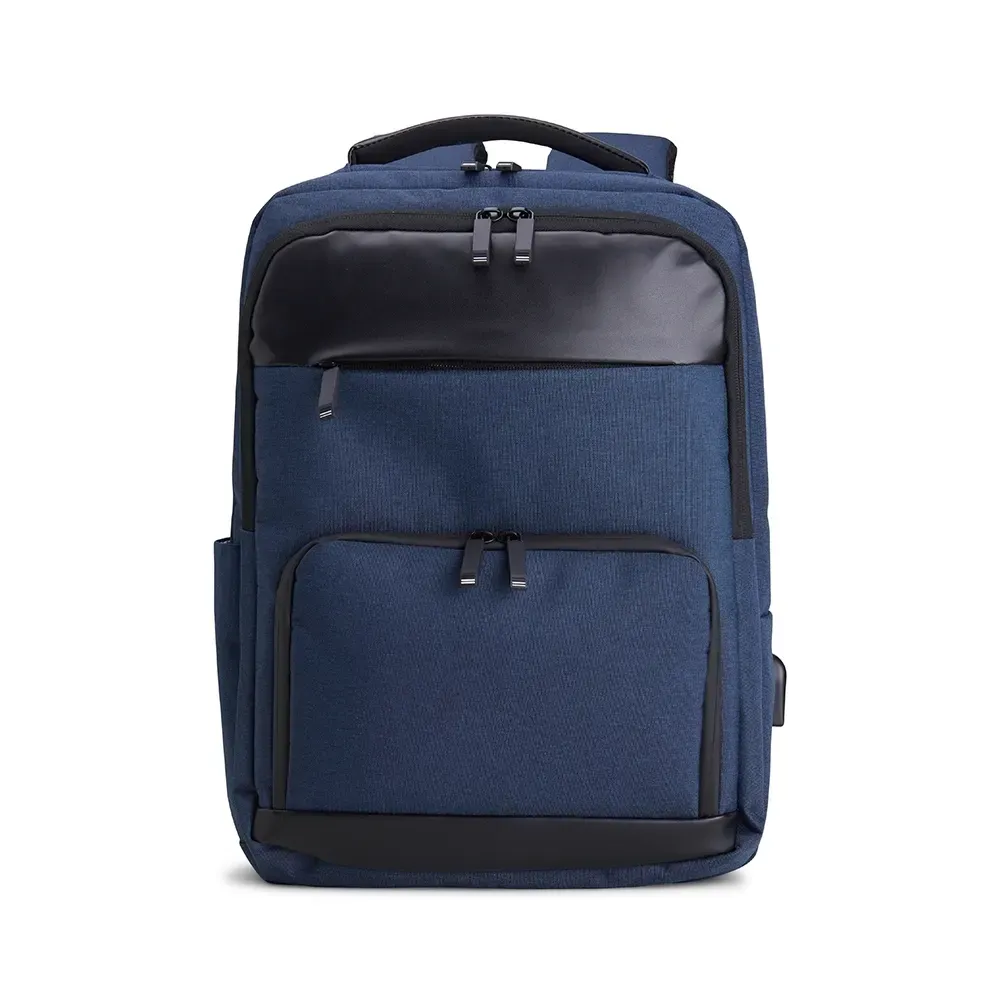 Mochila personalizada de poliéster com USB e detalhes em couro sintético, cor azul