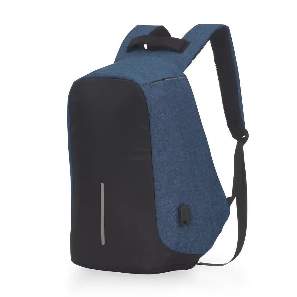 Mochila antifurto personalizada de poliéster com USB, abertura traseira, cor azul