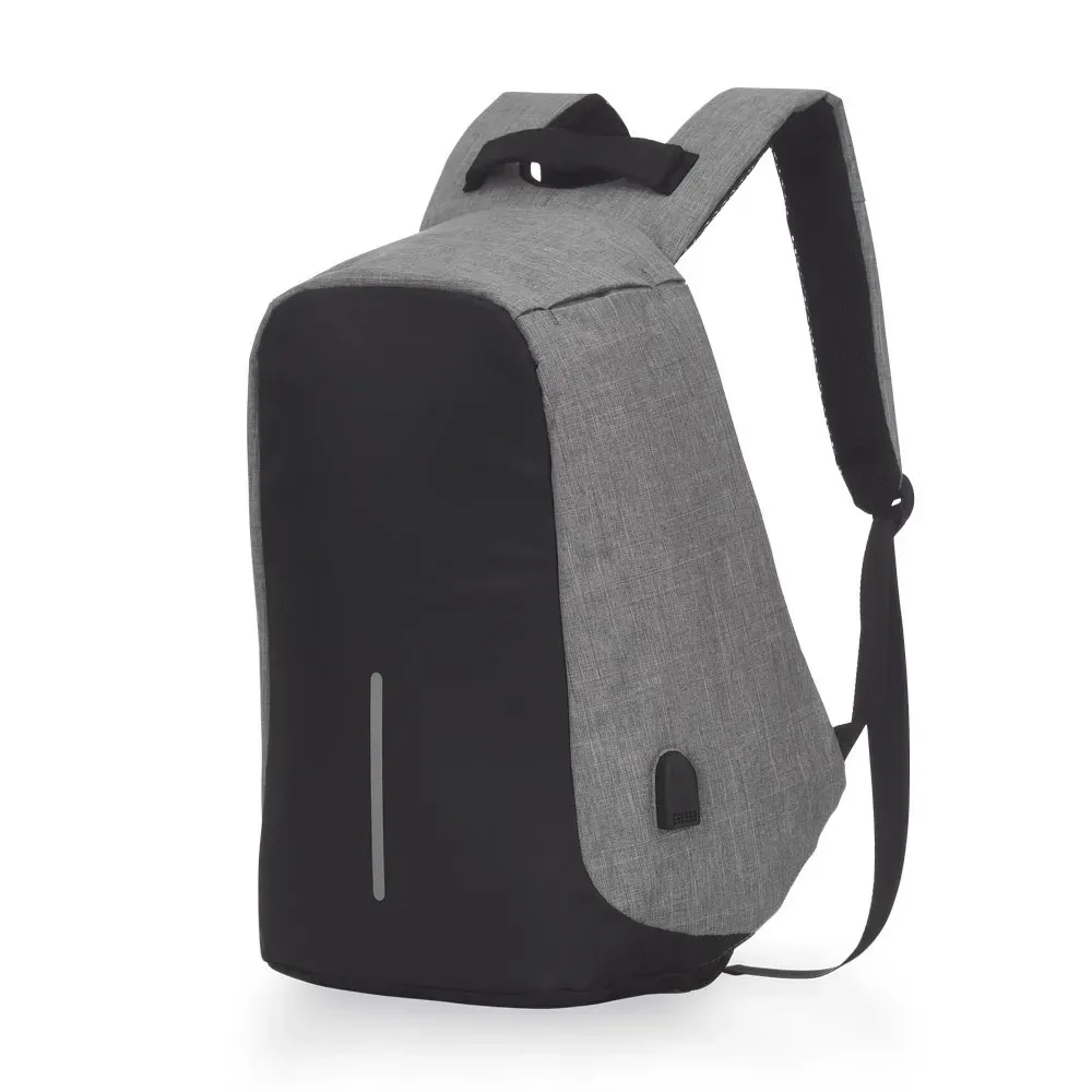 Mochila antifurto personalizada de poliéster com USB, abertura traseira, cor cinza