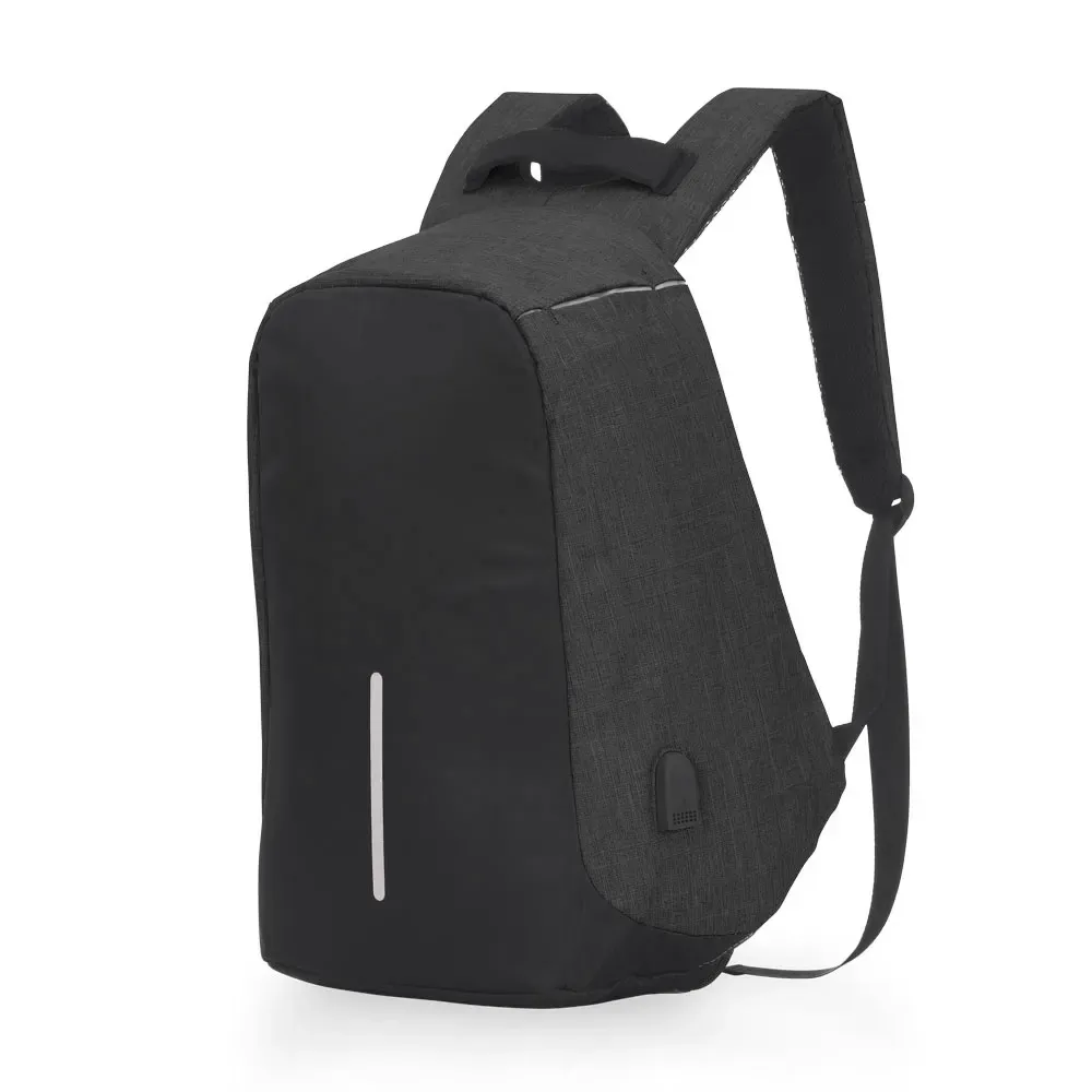 Mochila antifurto personalizada de poliéster com USB, abertura traseira, cor preta