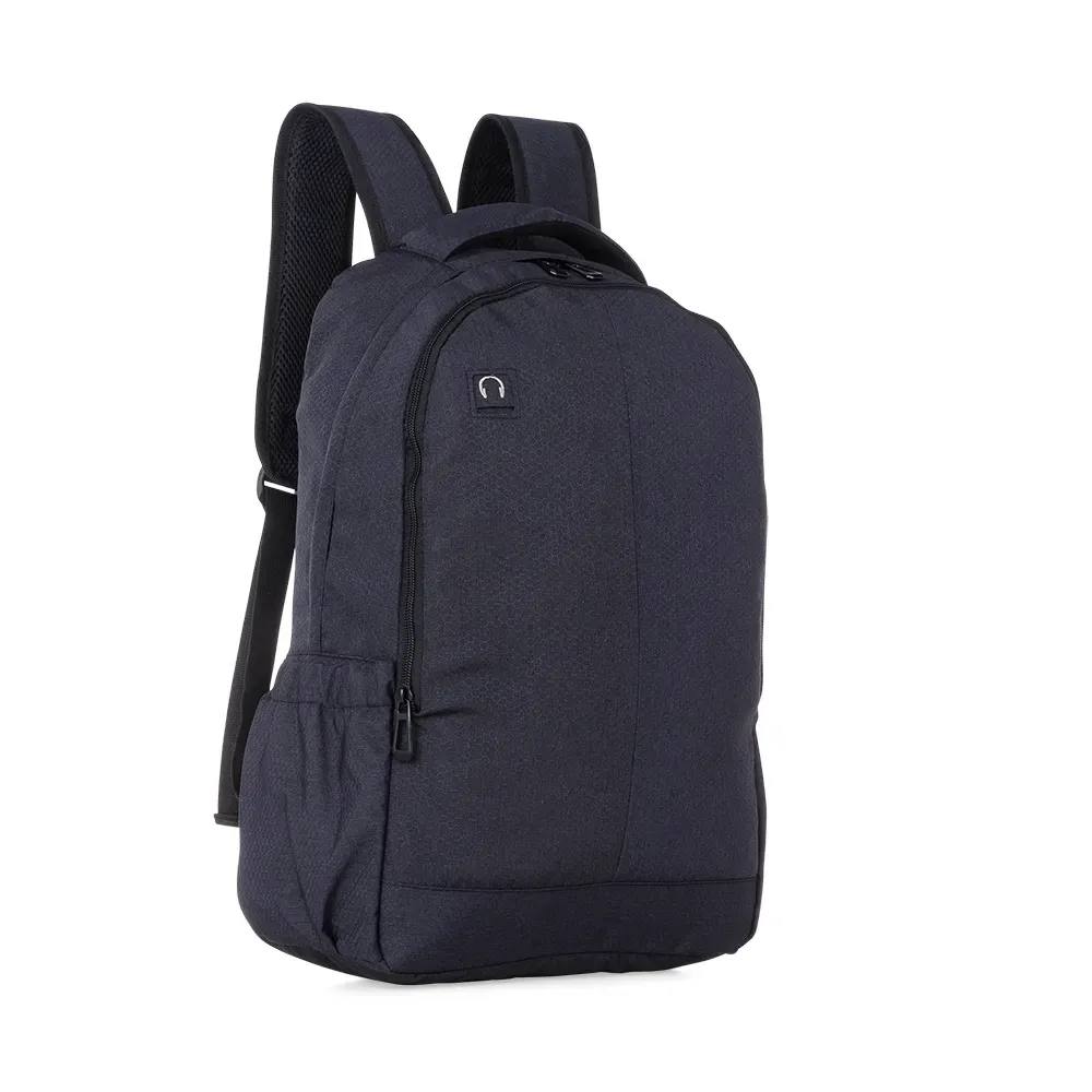 Mochila poliéster para notebook personalizada, com bolso de tela e saída para fone, cor preta
