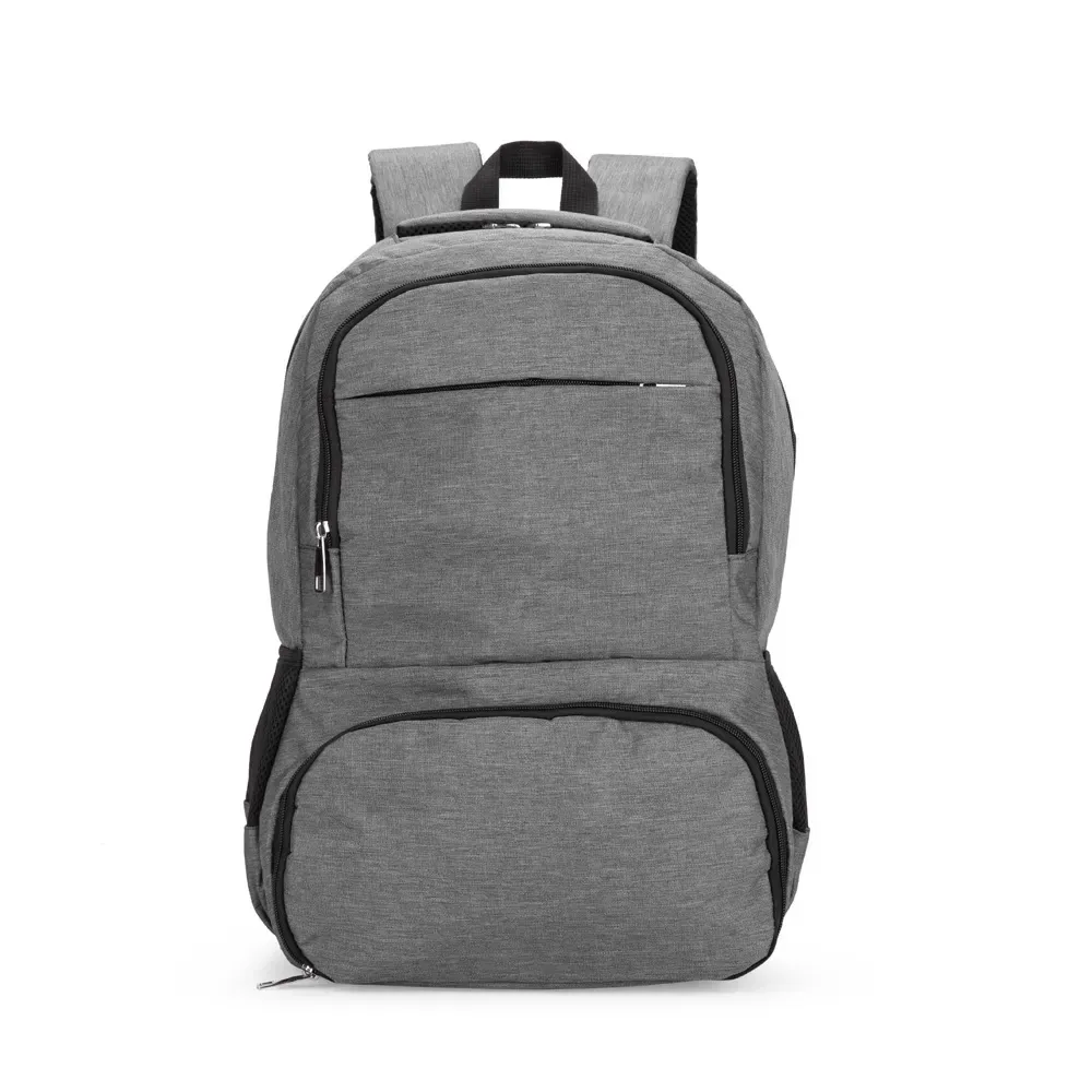 Mochila personalizada de poliéster com USB e compartimento térmico, 26 litros, cor cinza