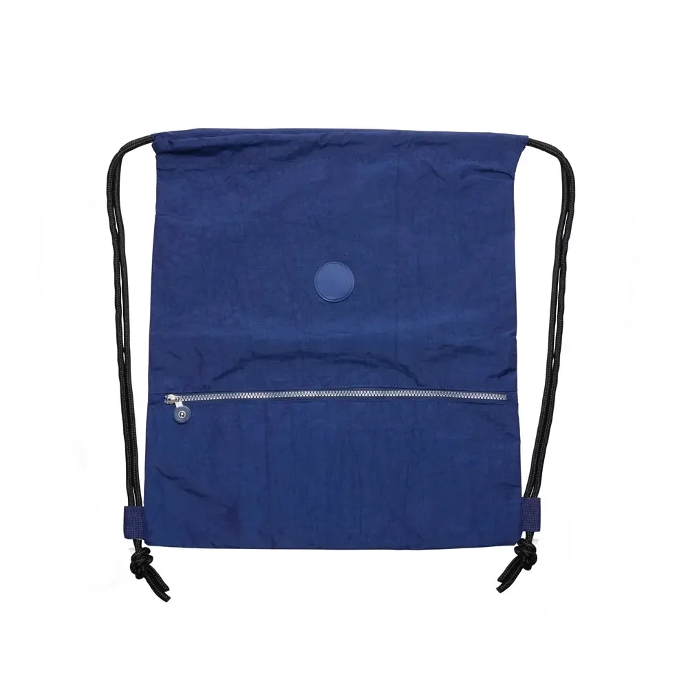 Mochila saco personalizada de nylon impermeável com placa, cor azul escuro
