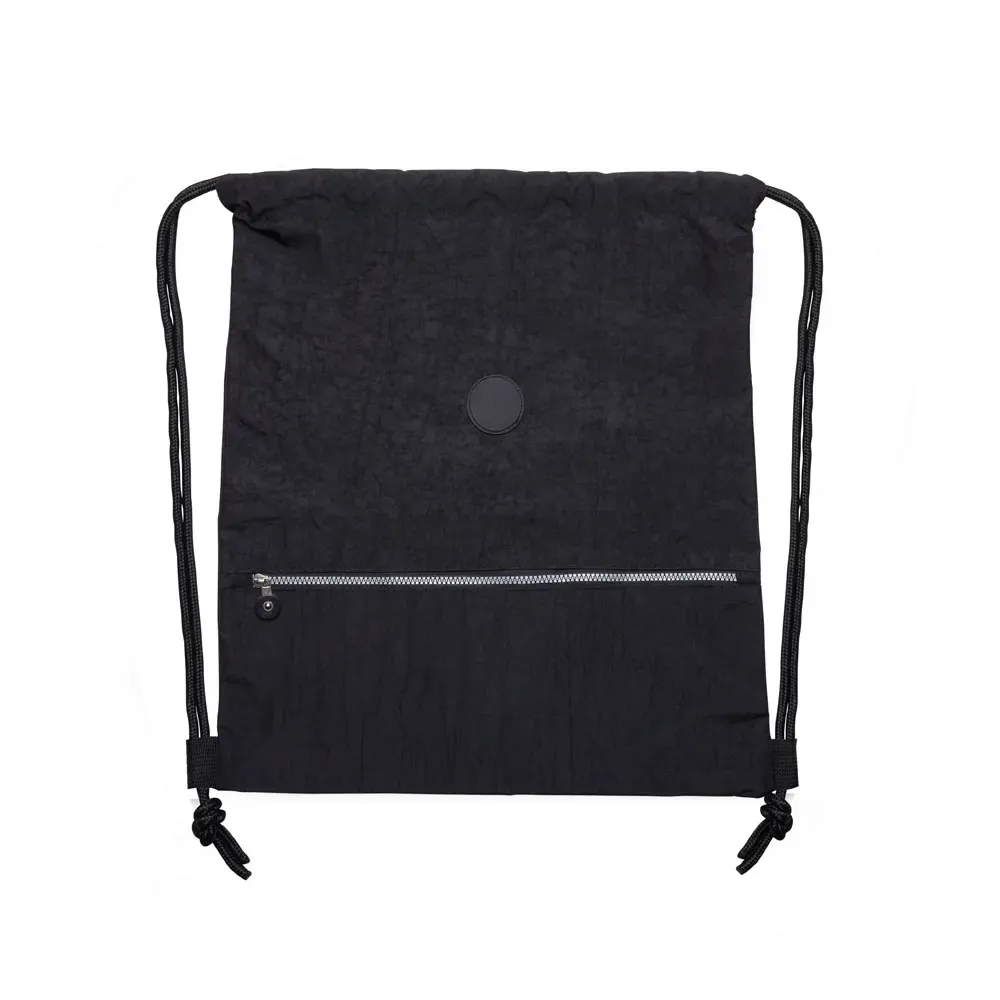 Mochila saco personalizada de nylon impermeável com placa, cor preta