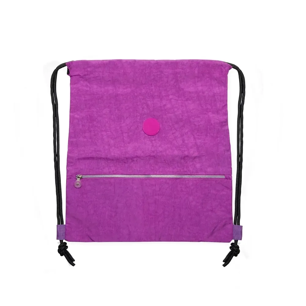 Mochila saco personalizada de nylon impermeável com placa, cor roxa