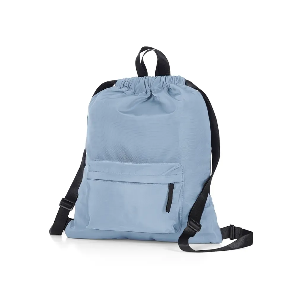 Mochila saco personalizada com bolso frontal, cor azul claro