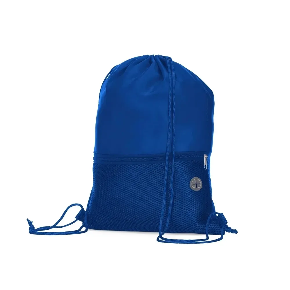 Mochila saco personalizada com bolso frontal e saída de fone, cor azul