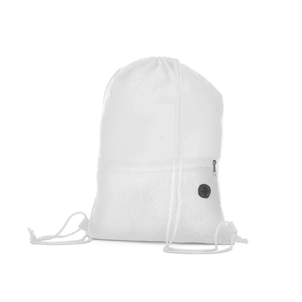 Mochila saco personalizada com bolso frontal e saída de fone, cor branca