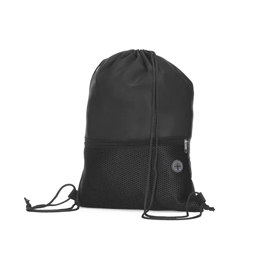 Mochila saco personalizada com bolso frontal e saída de fone, cor preta