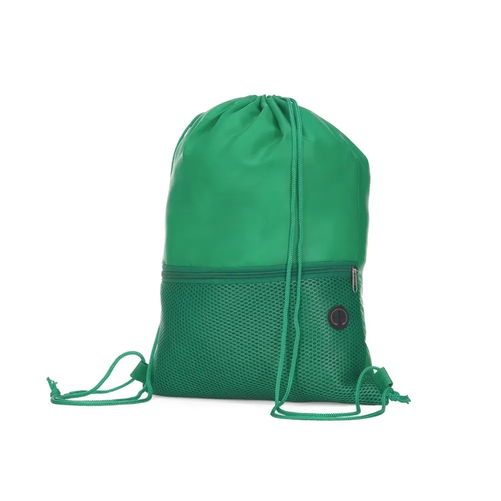 Mochila saco personalizada com bolso frontal e saída de fone, cor verde