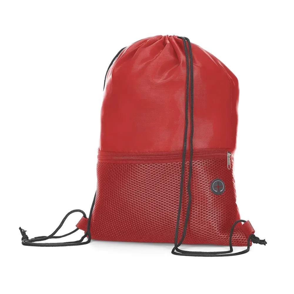 Mochila saco personalizada com bolso frontal e saída de fone, cor vermelha