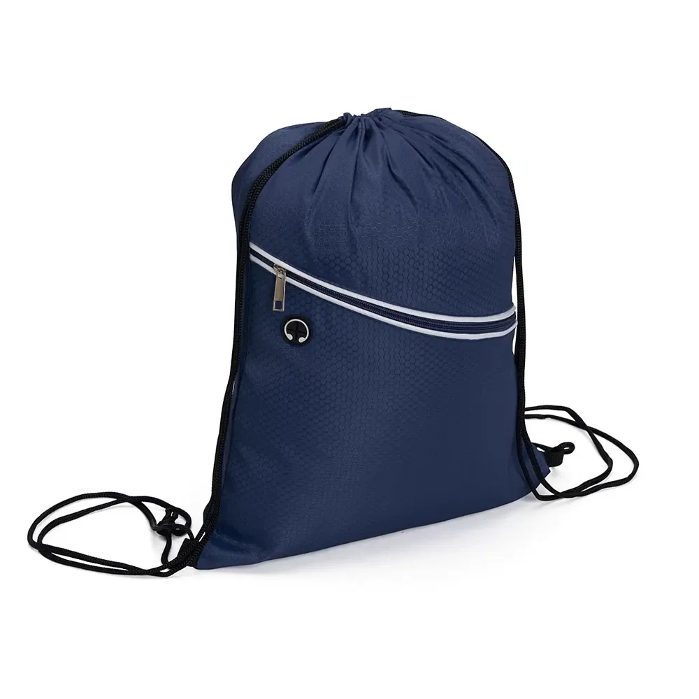 Mochila saco personalizada em poliéster com saída de fone, cor azul escuro