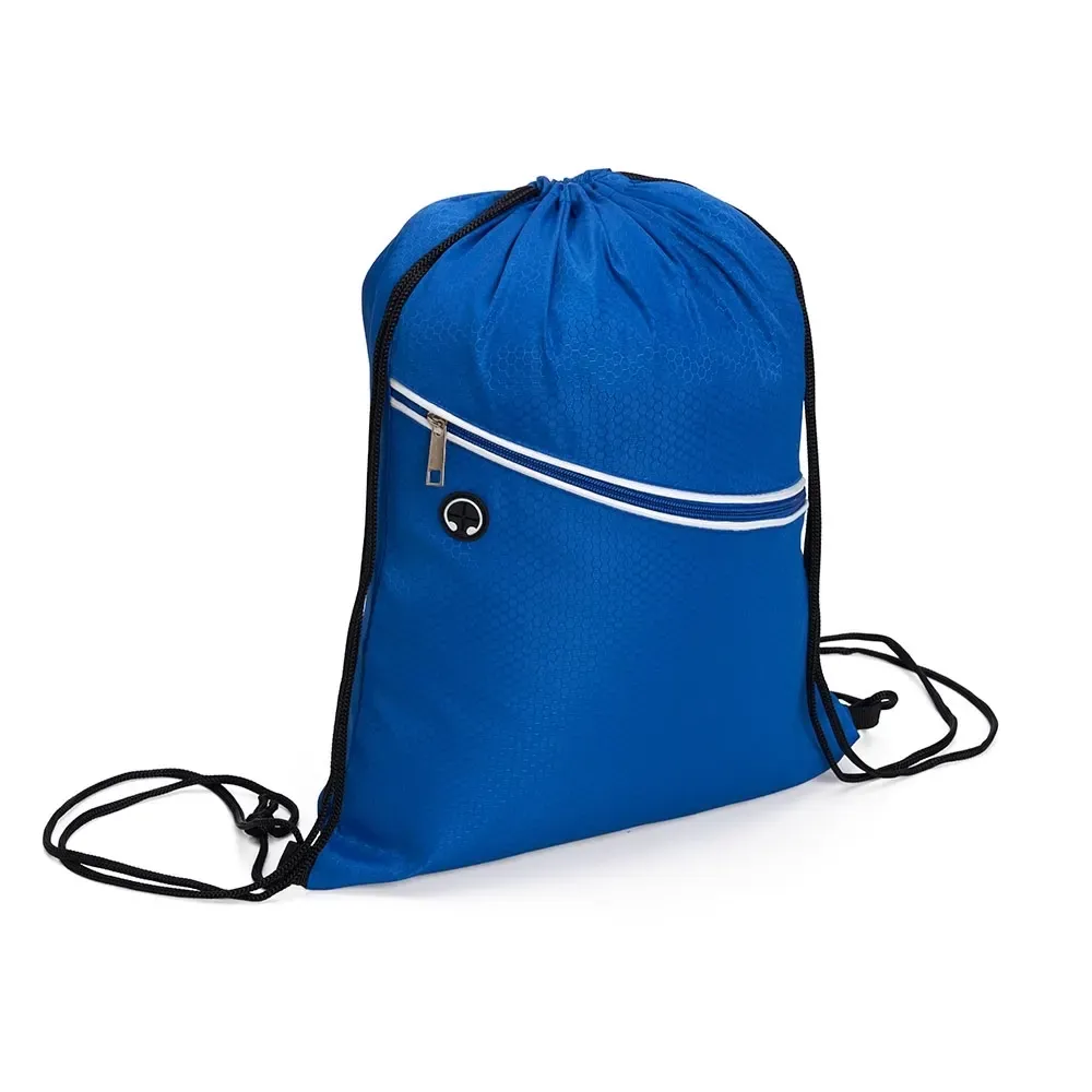 Mochila saco personalizada em poliéster com saída de fone, cor azul