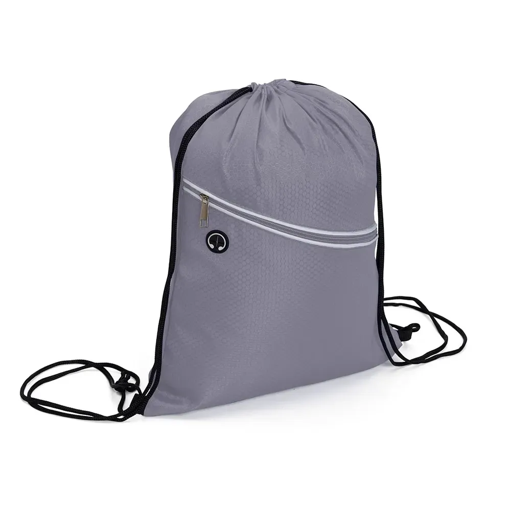 Mochila saco personalizada em poliéster com saída de fone, cor cinza