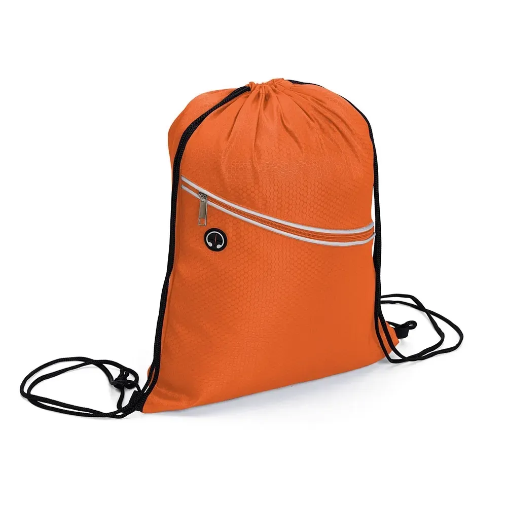 Mochila saco personalizada em poliéster com saída de fone, cor laranja