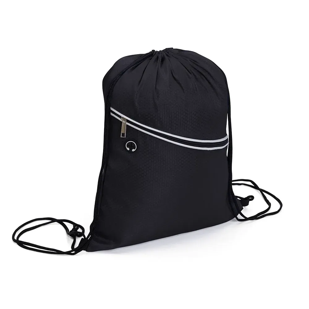 Mochila saco personalizada em poliéster com saída de fone, cor preta