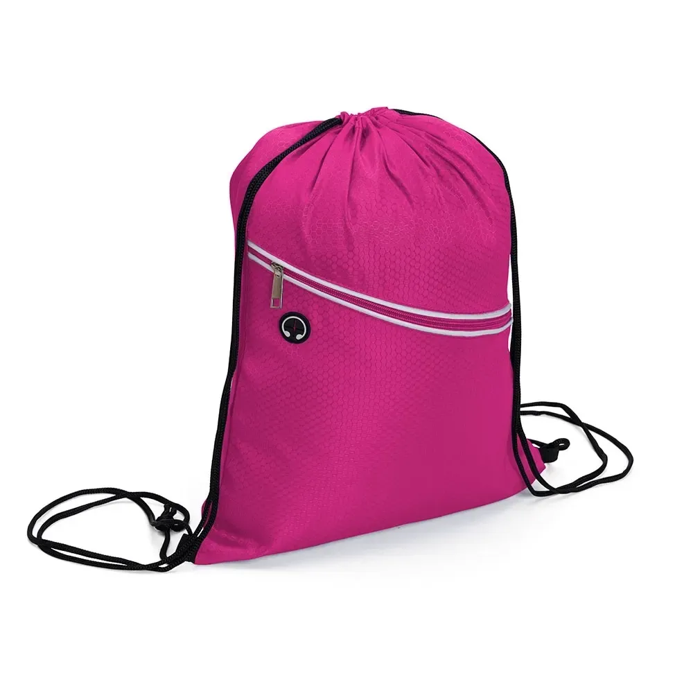 Mochila saco personalizada em poliéster com saída de fone, cor rosa