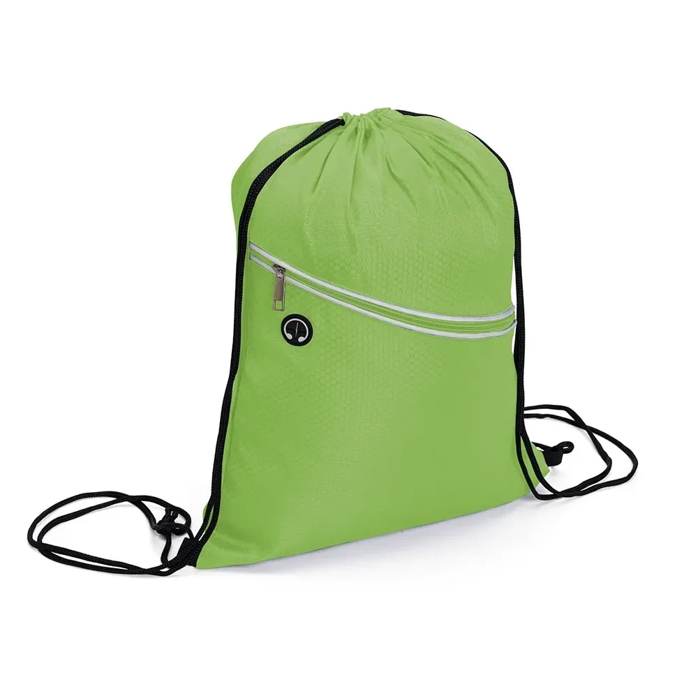 Mochila saco personalizada em poliéster com saída de fone, cor verde