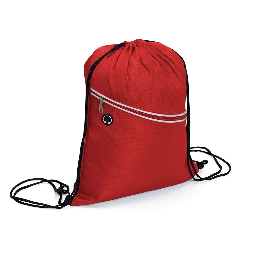 Mochila saco personalizada em poliéster com saída de fone, cor vermelha