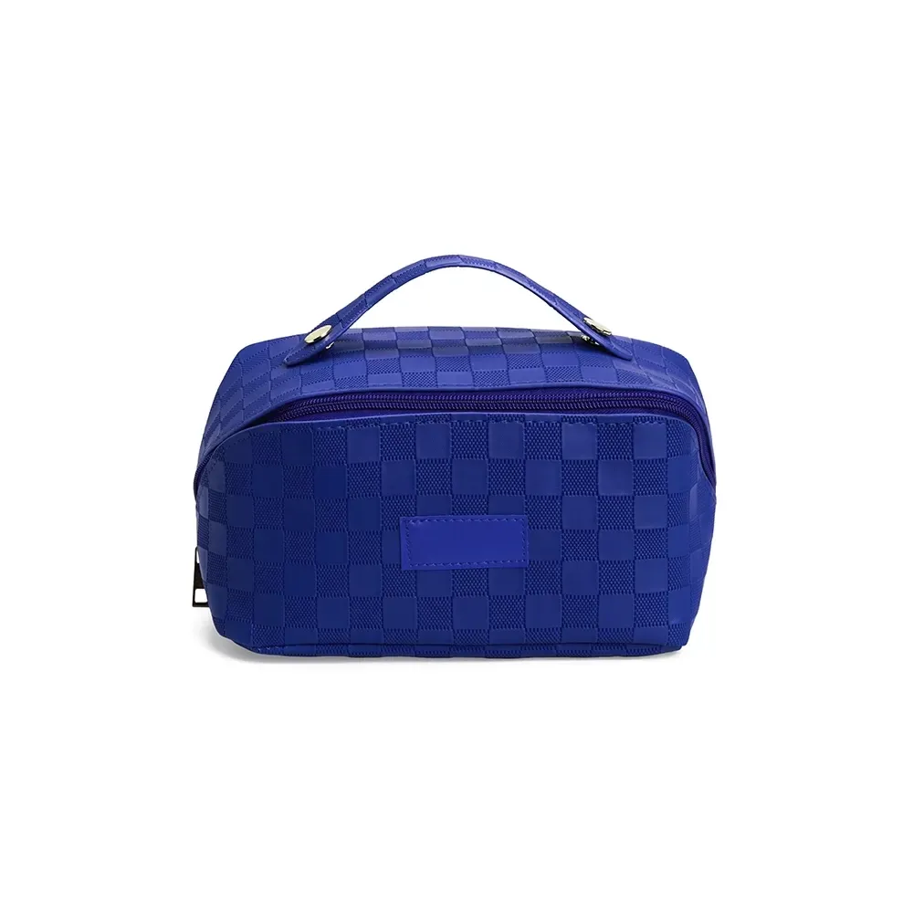 Nécessaire personalizada de couro sintético com 3 compartimentos, cor azul escuro