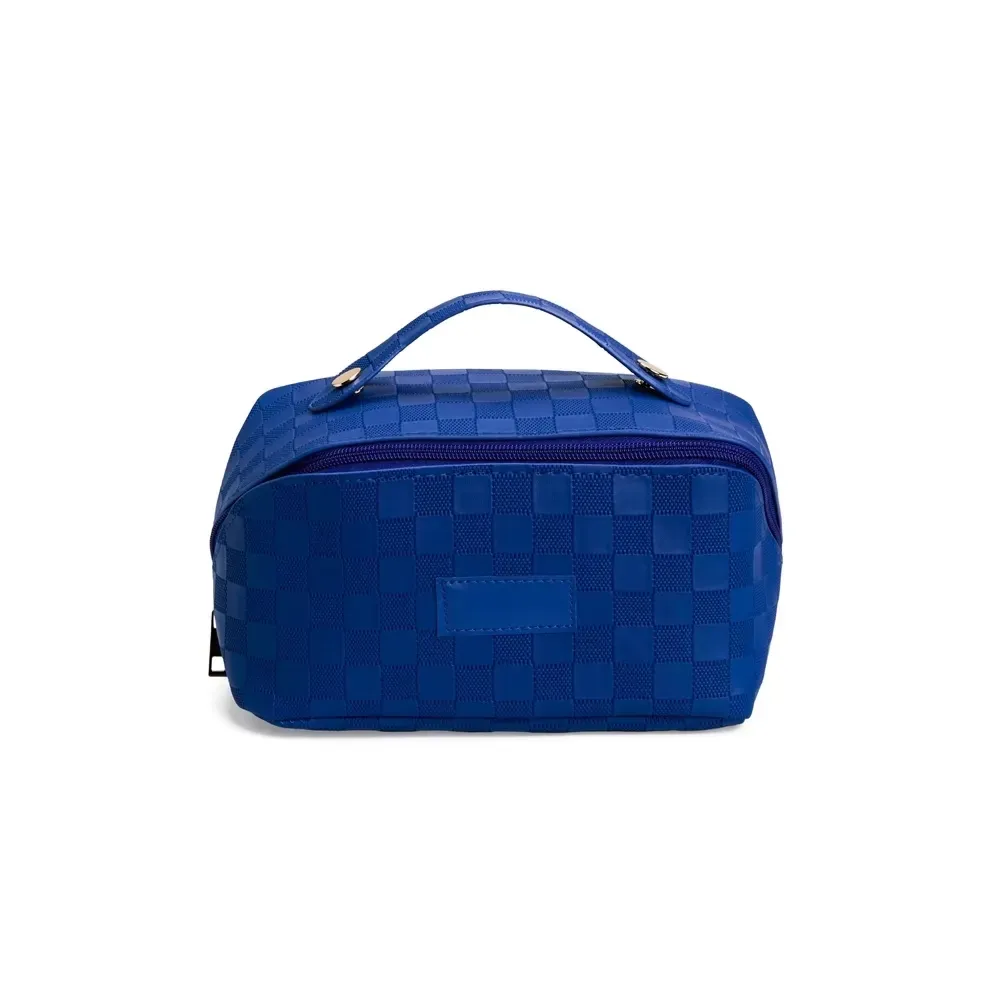 Nécessaire personalizada de couro sintético com 3 compartimentos, cor azul