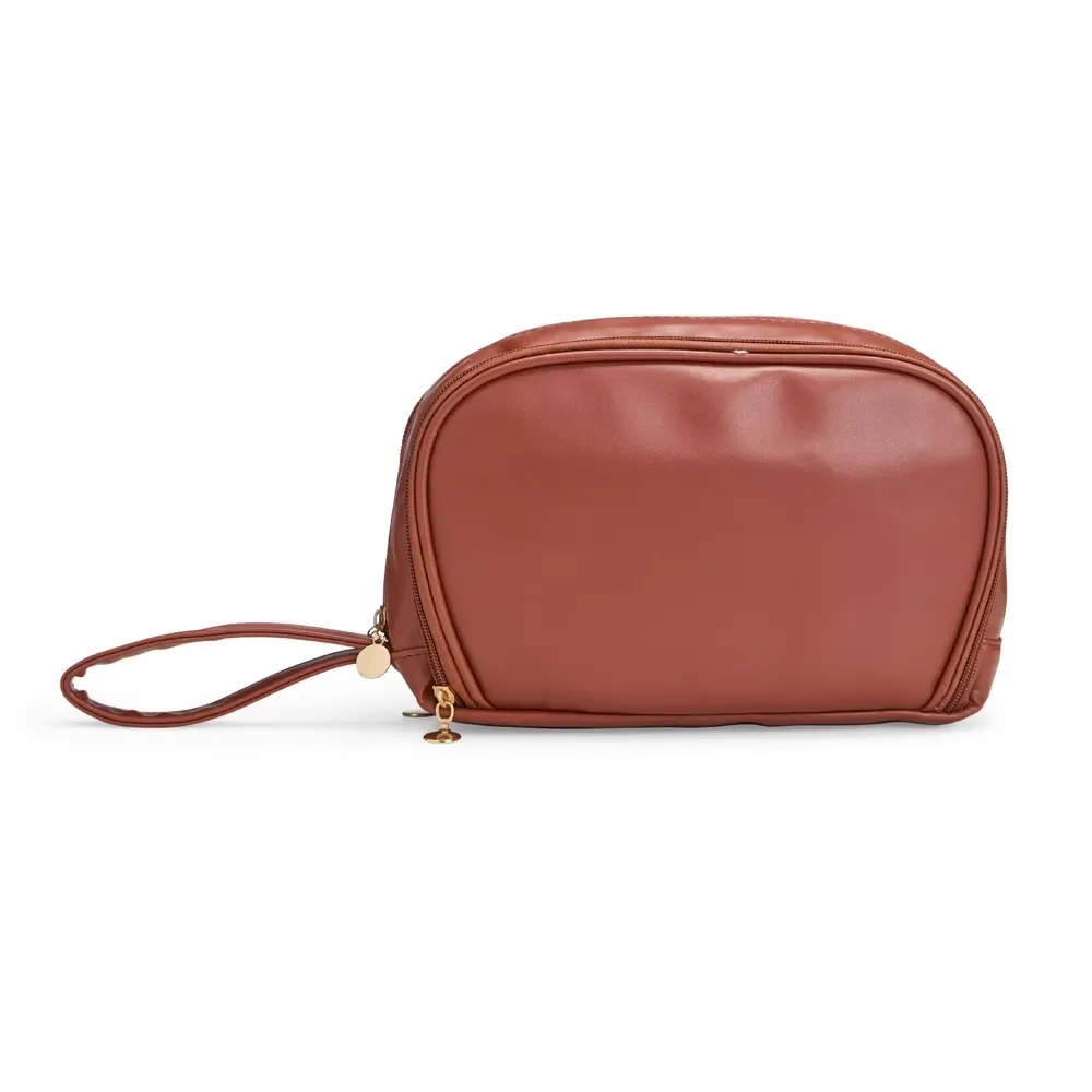 Necessaire personalizada de couro sintético com 3 compartimentos, cor marrom