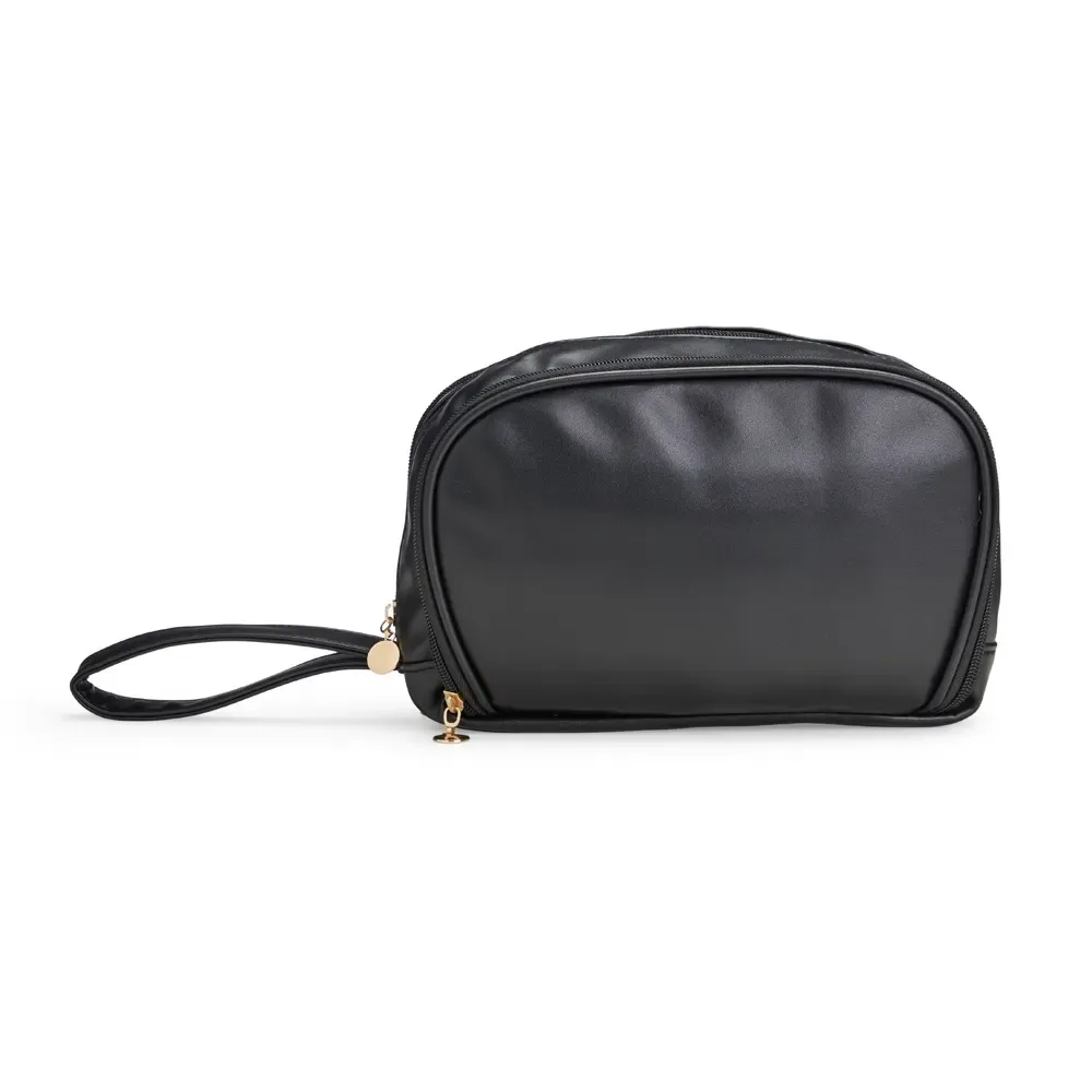 Necessaire personalizada de couro sintético com 3 compartimentos, cor preta