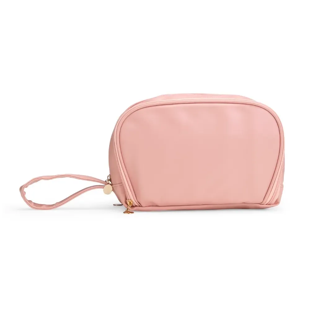 Necessaire personalizada de couro sintético com 3 compartimentos, cor rosa