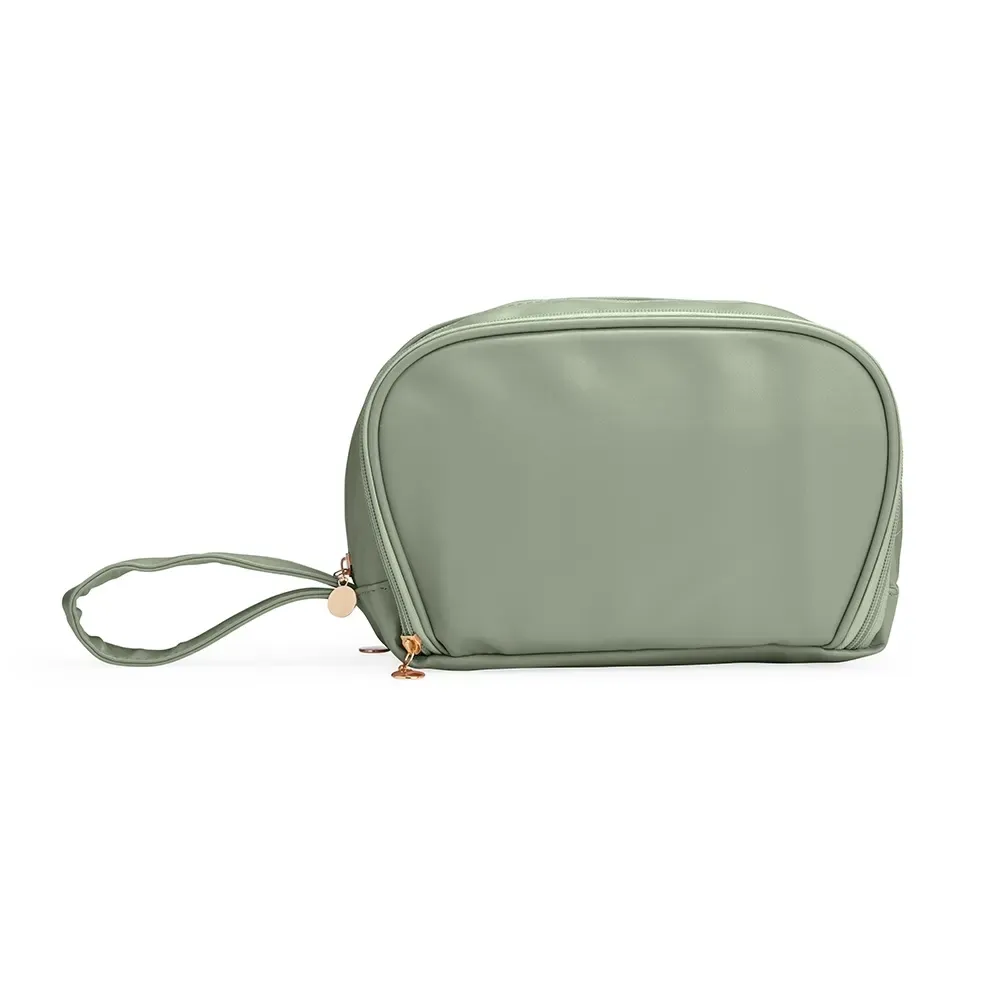 Necessaire personalizada de couro sintético com 3 compartimentos, cor verde