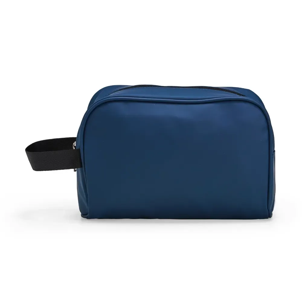 Necessaire personalizada de couro sintético com alça de nylon, cor azul