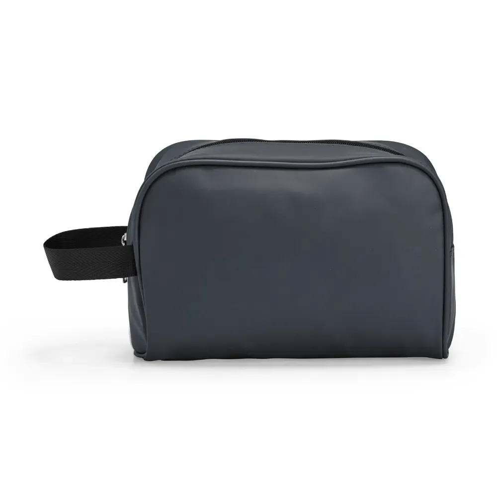 Necessaire personalizada de couro sintético com alça de nylon, cor cinza