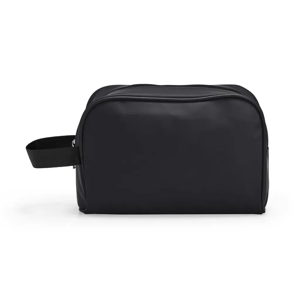 Necessaire personalizada de couro sintético com alça de nylon, cor preta