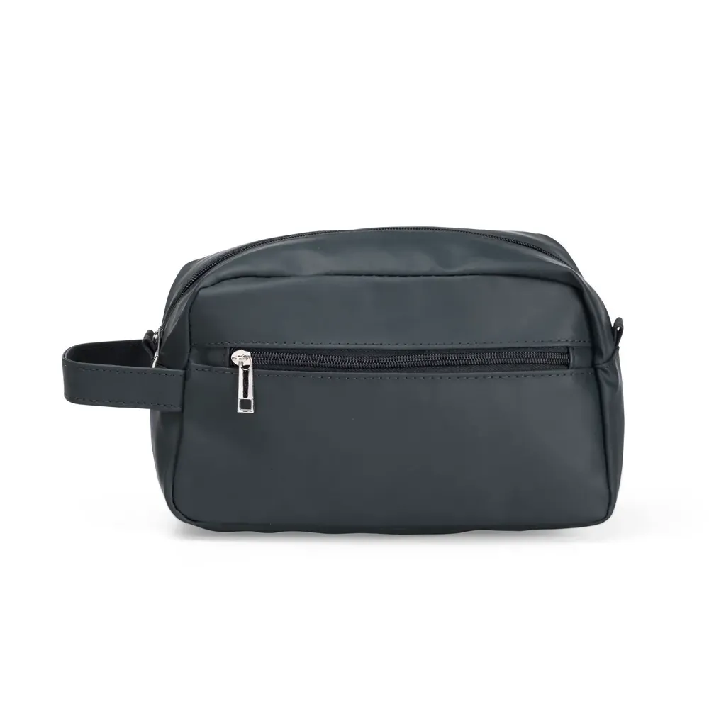 Necessaire personalizada de couro sintético com bolso frontal, cor cinza