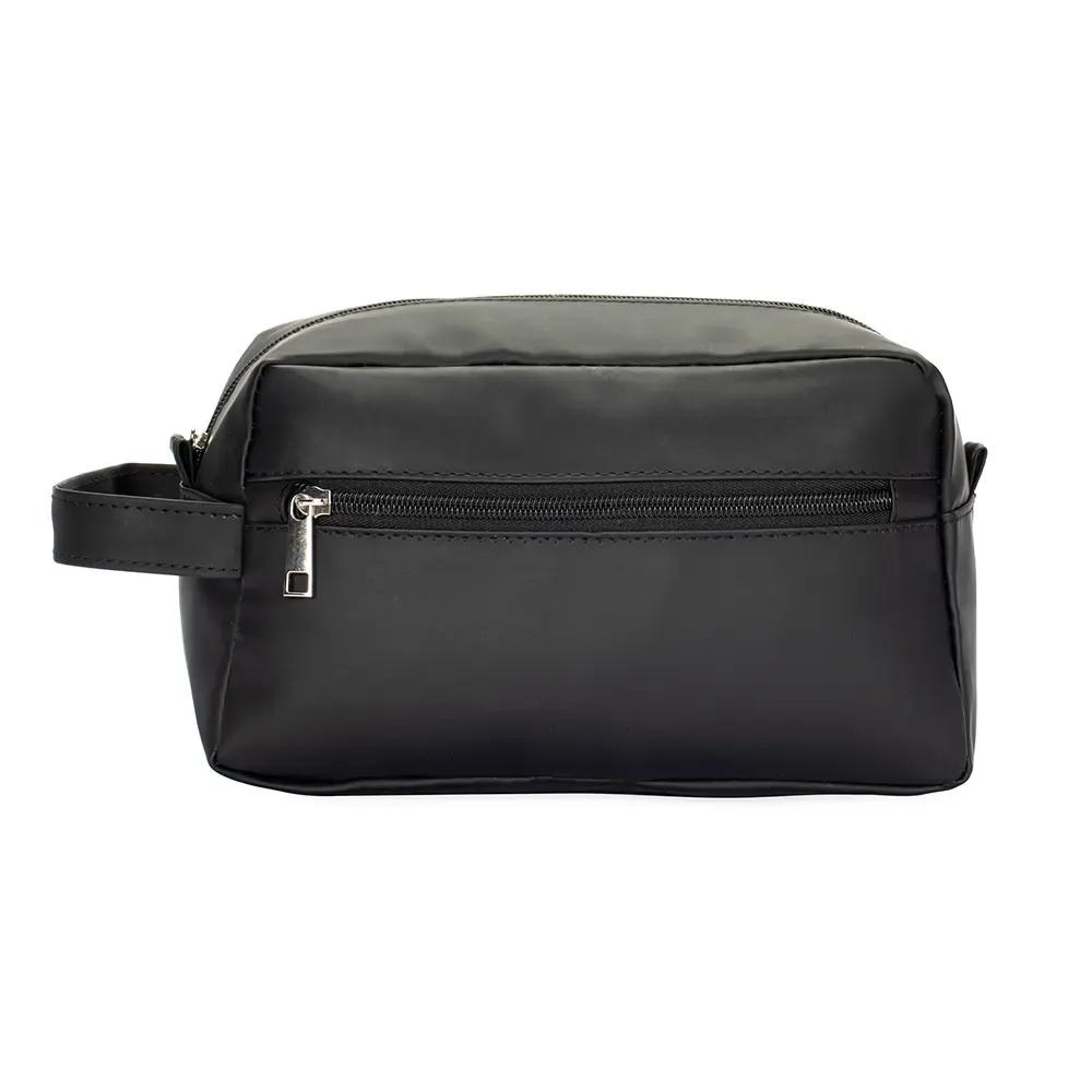 Necessaire personalizada de couro sintético com bolso frontal, cor preta