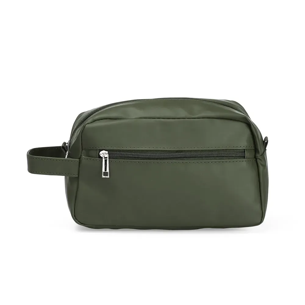 Necessaire personalizada de couro sintético com bolso frontal, cor verde