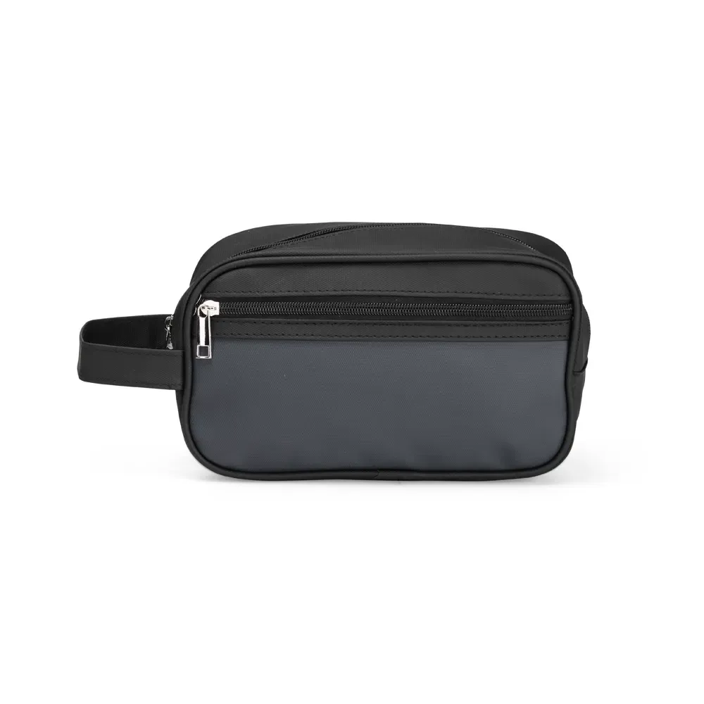 Nécessaire personalizada de couro sintético com bolso frontal, cor cinza