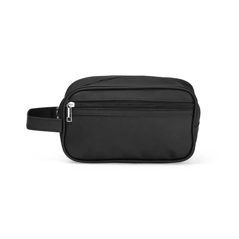 Nécessaire personalizada de couro sintético com bolso frontal, cor preta