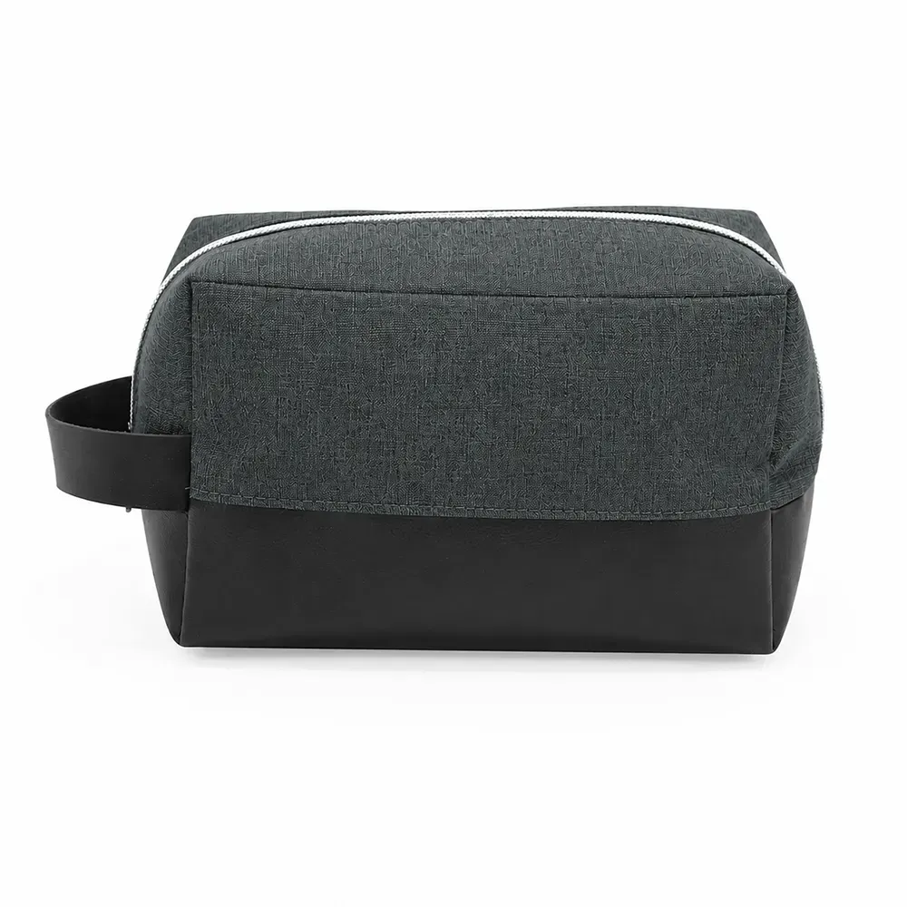 Nécessaire personalizada de nylon com detalhes em couro sintético, cor cinza escuro
