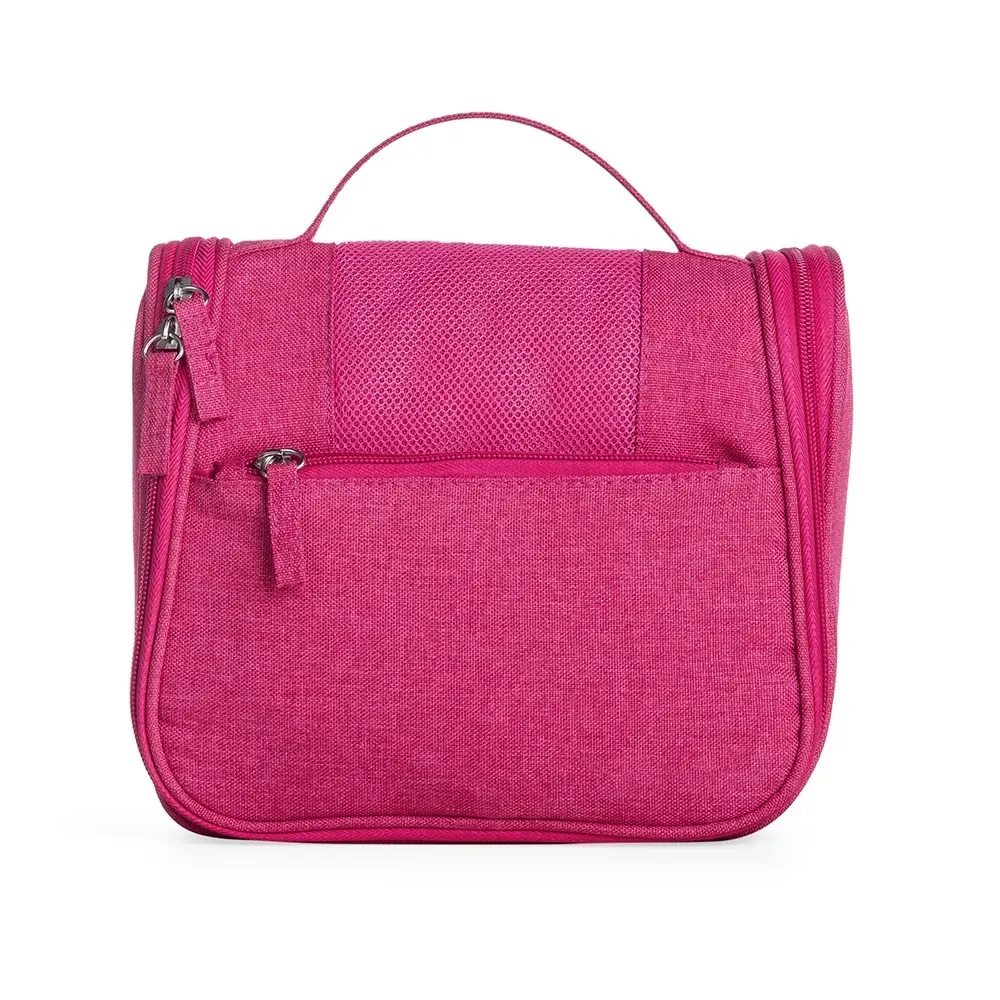 Nécessaire Organizadora de Nylon Oxford com Bolso Frontal e Divisórias Personalizada, cor rosa