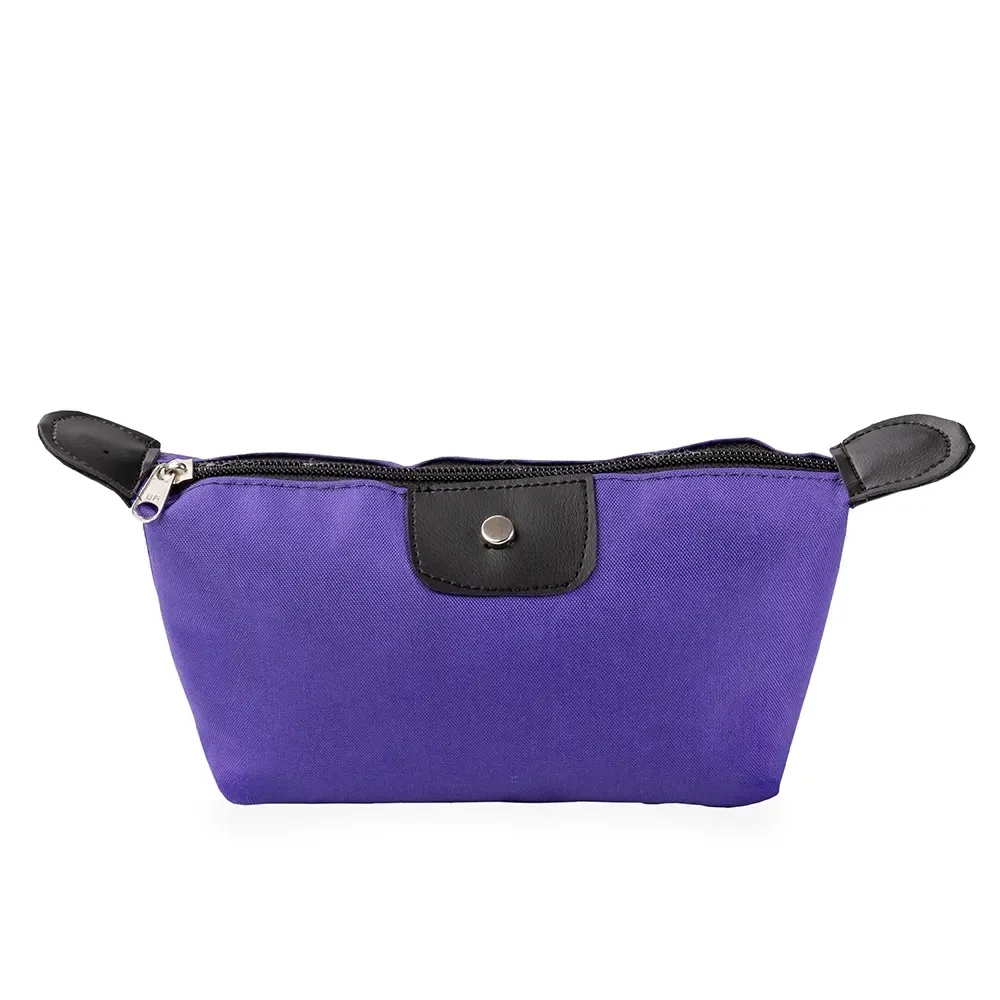 Nécessaire de Nylon Oxford com Detalhe em Couro Sintético Personalizada, cor roxo