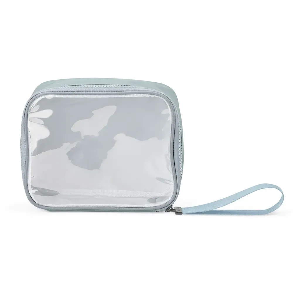 Necessaire personalizada de nylon com viseira transparente, cor cinza e azul