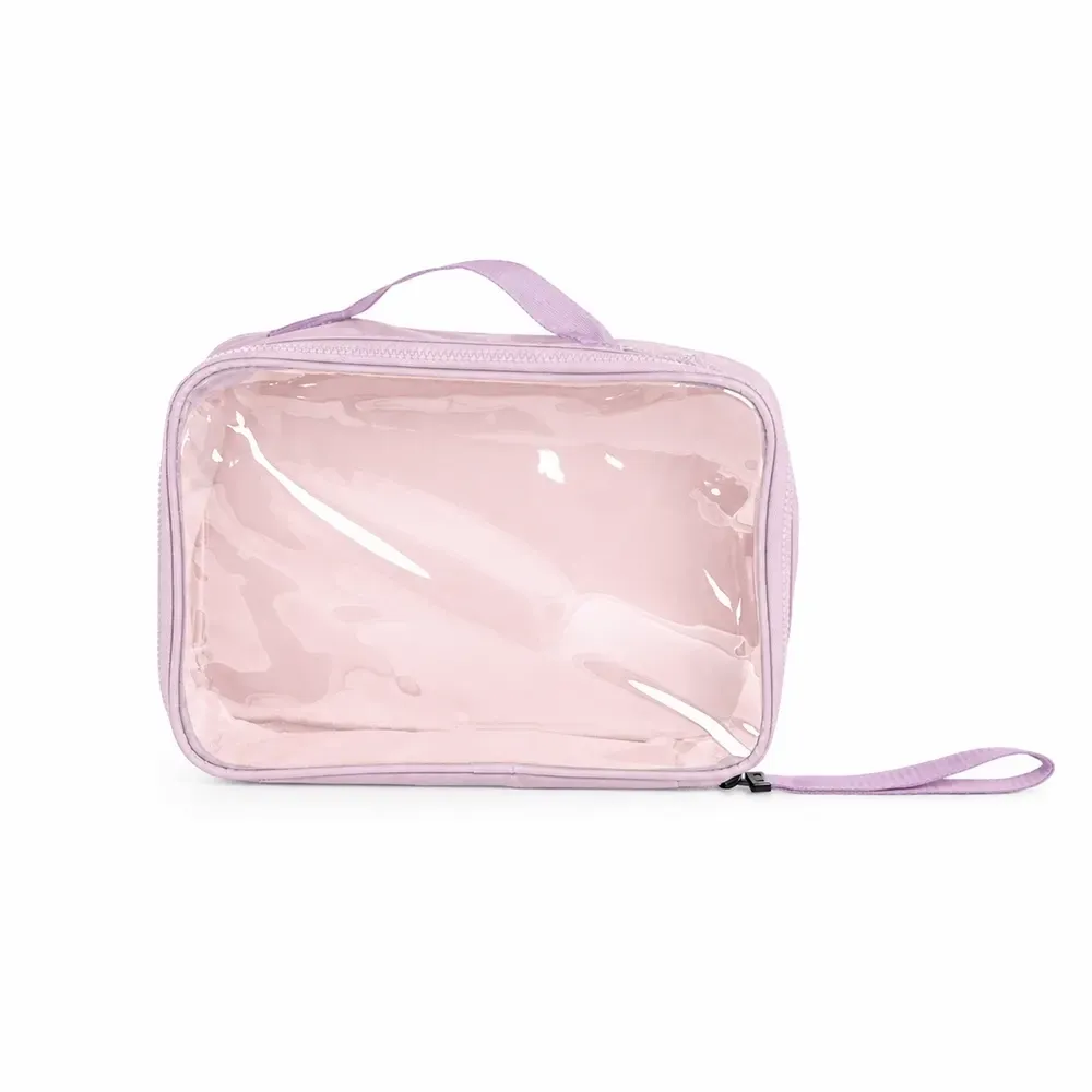 Necessaire personalizada de nylon com visor transparente, cor lilás