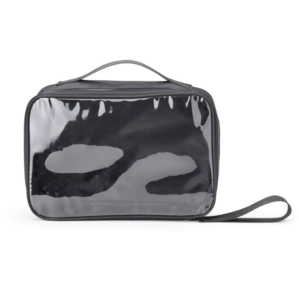 Necessaire personalizada de nylon com visor transparente, cor preta