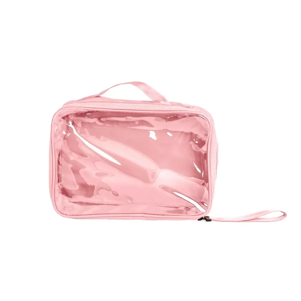 Necessaire personalizada de nylon com visor transparente, cor rosa