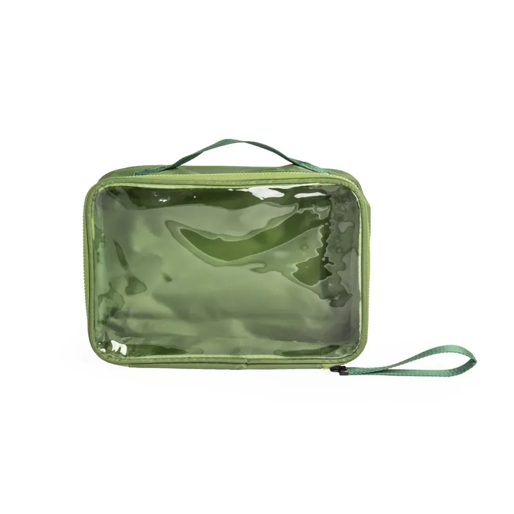 Necessaire personalizada de nylon com visor transparente, cor verde