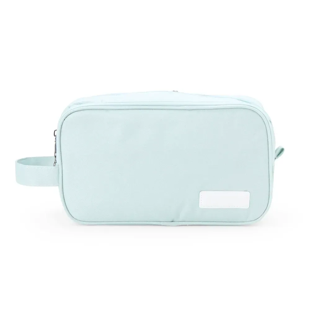 Necessaire personalizada de poliéster com 3 compartimentos e chaveiro, cor azul claro