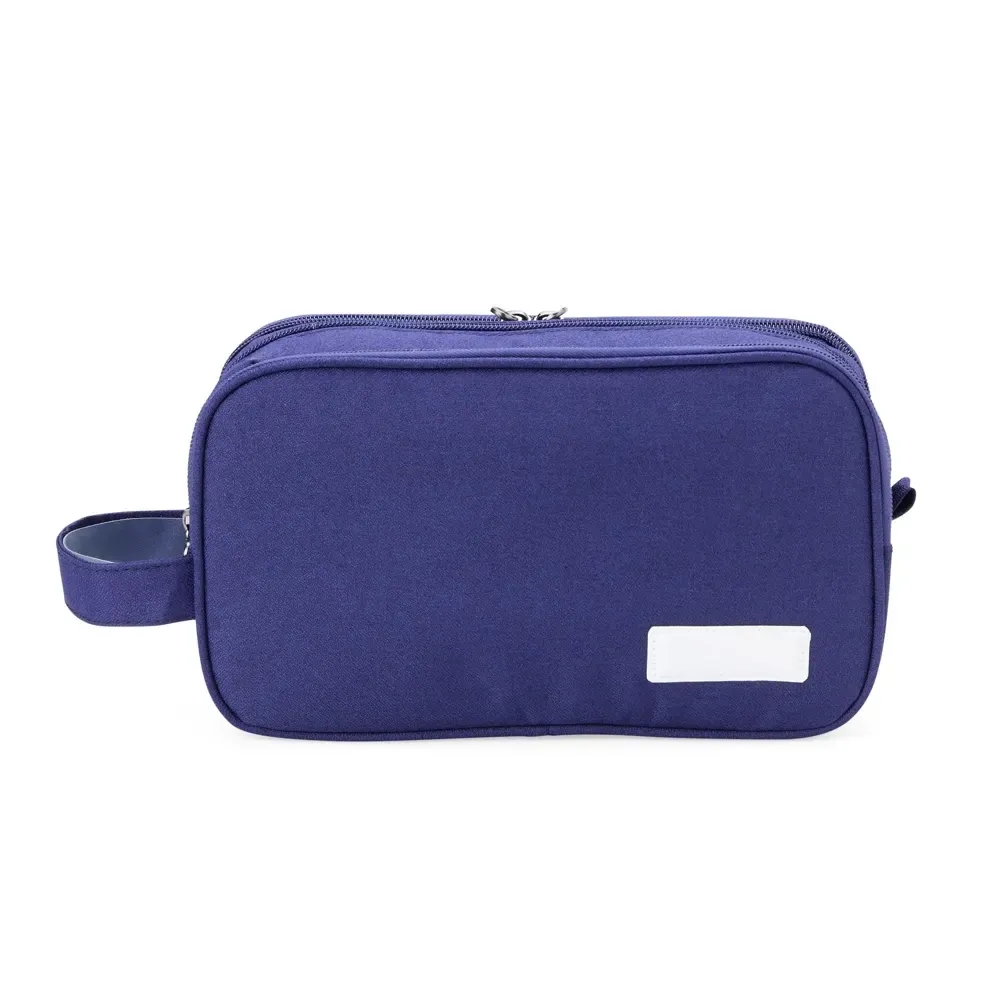 Necessaire personalizada de poliéster com 3 compartimentos e chaveiro, cor azul escuro